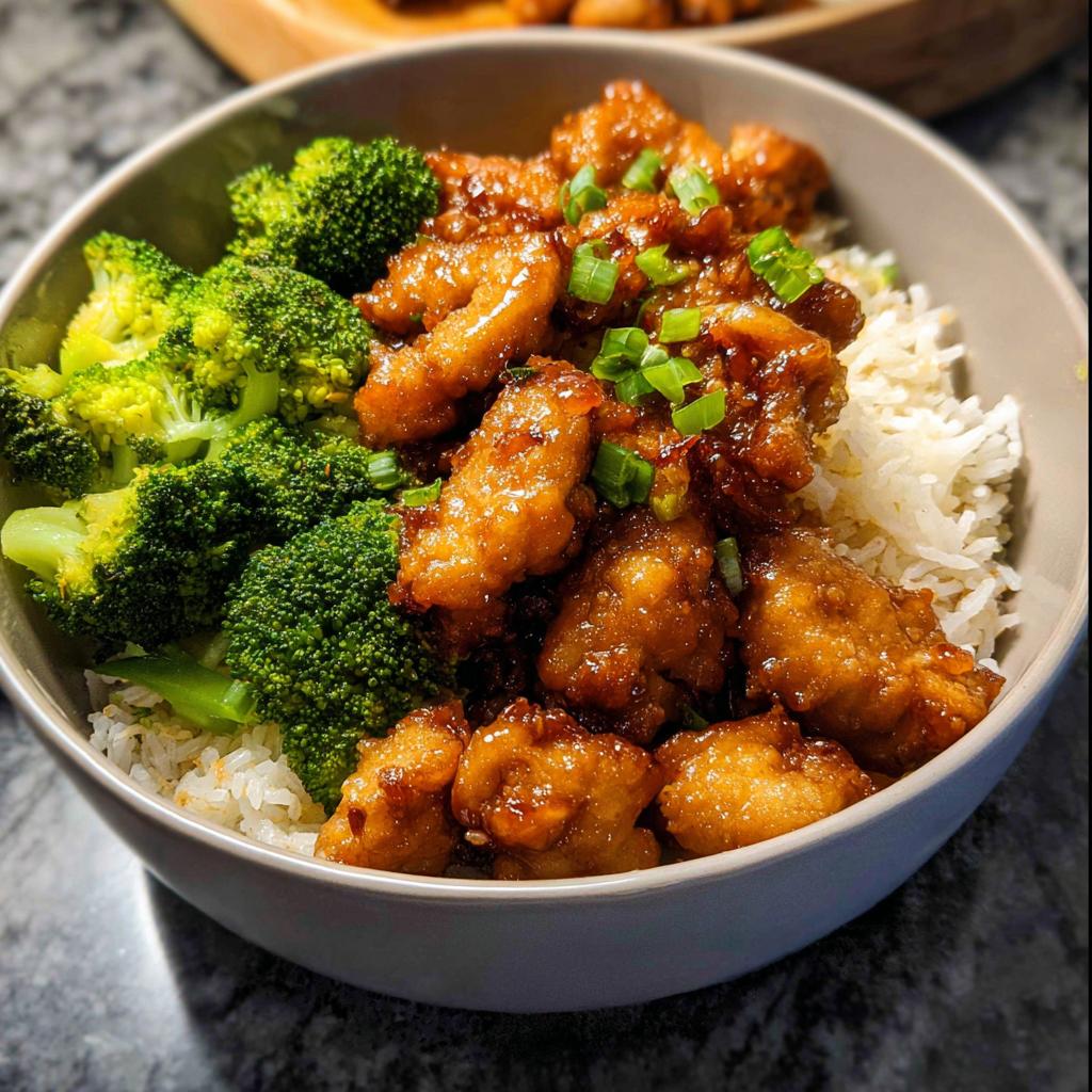 A close-up of a Honey Garlic Pork Rice Bowl with tender pork, steamed rice, and bright green broccoli.