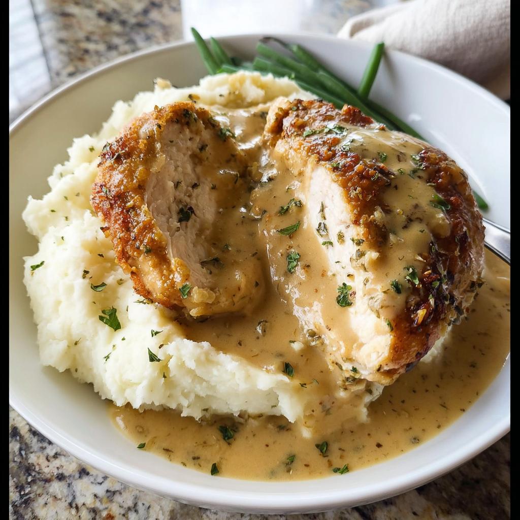 A close-up of Irresistible Garlic Herb Chicken served with creamy mashed potatoes and a rich gravy.