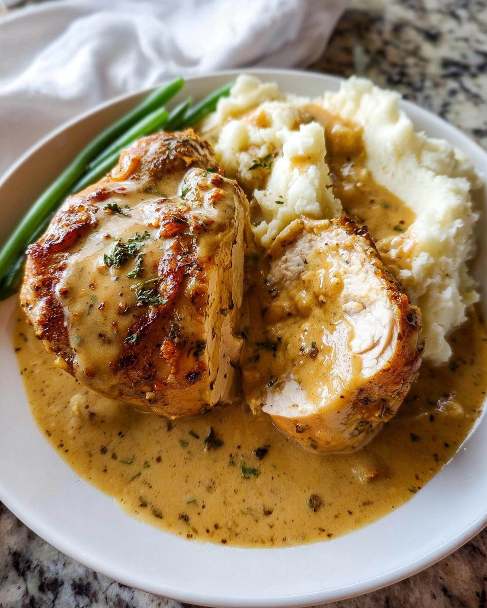 A plate of Irresistible Garlic Herb Chicken with Creamy Mashed Potatoes, drizzled with sauce and garnished with herbs.