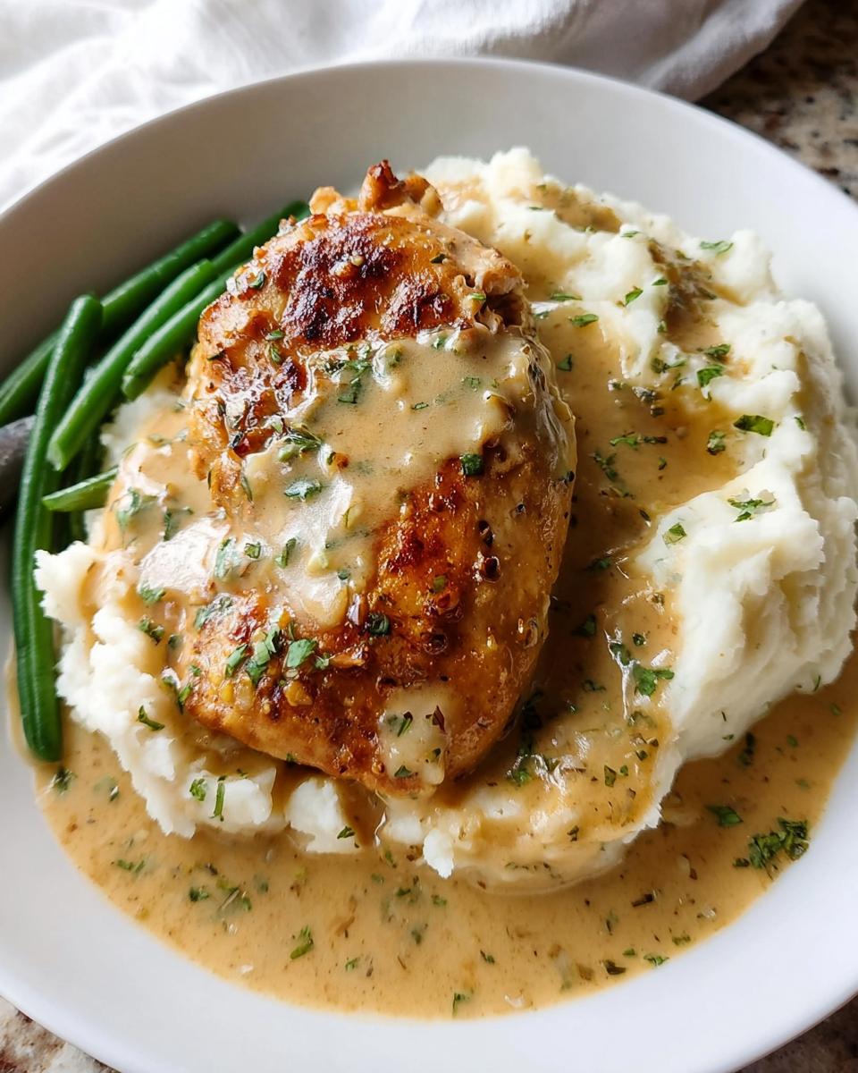 A serving of Irresistible Garlic Herb Chicken with Creamy Mashed Potatoes and green beans, drizzled with sauce.