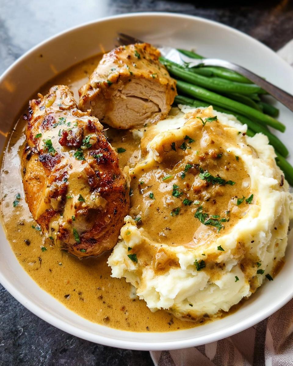 A plate of irresistible garlic herb chicken served with creamy mashed potatoes and green beans, all covered in a rich sauce.