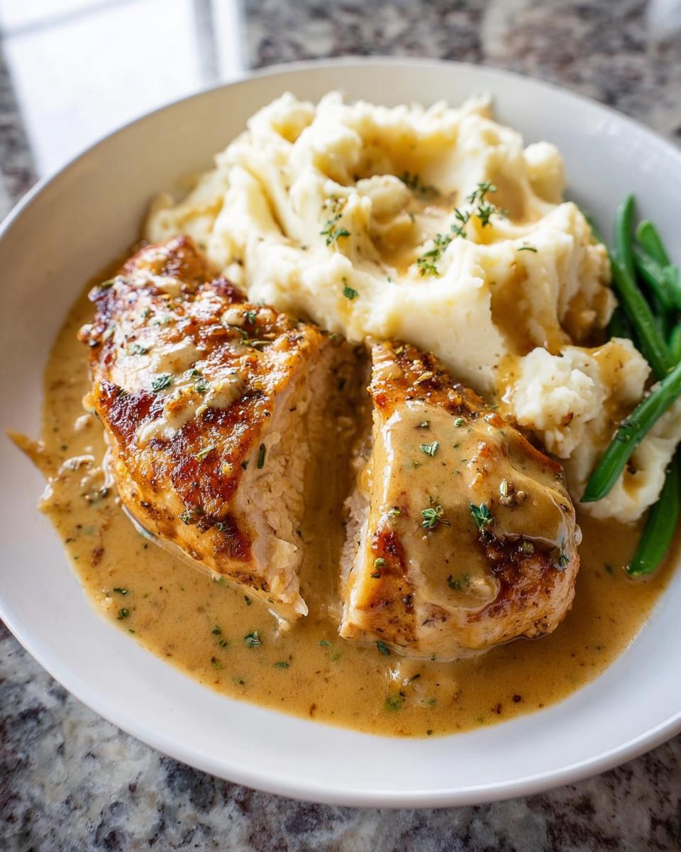A close-up of Irresistible Garlic Herb Chicken served with creamy mashed potatoes and green beans, drizzled in sauce.