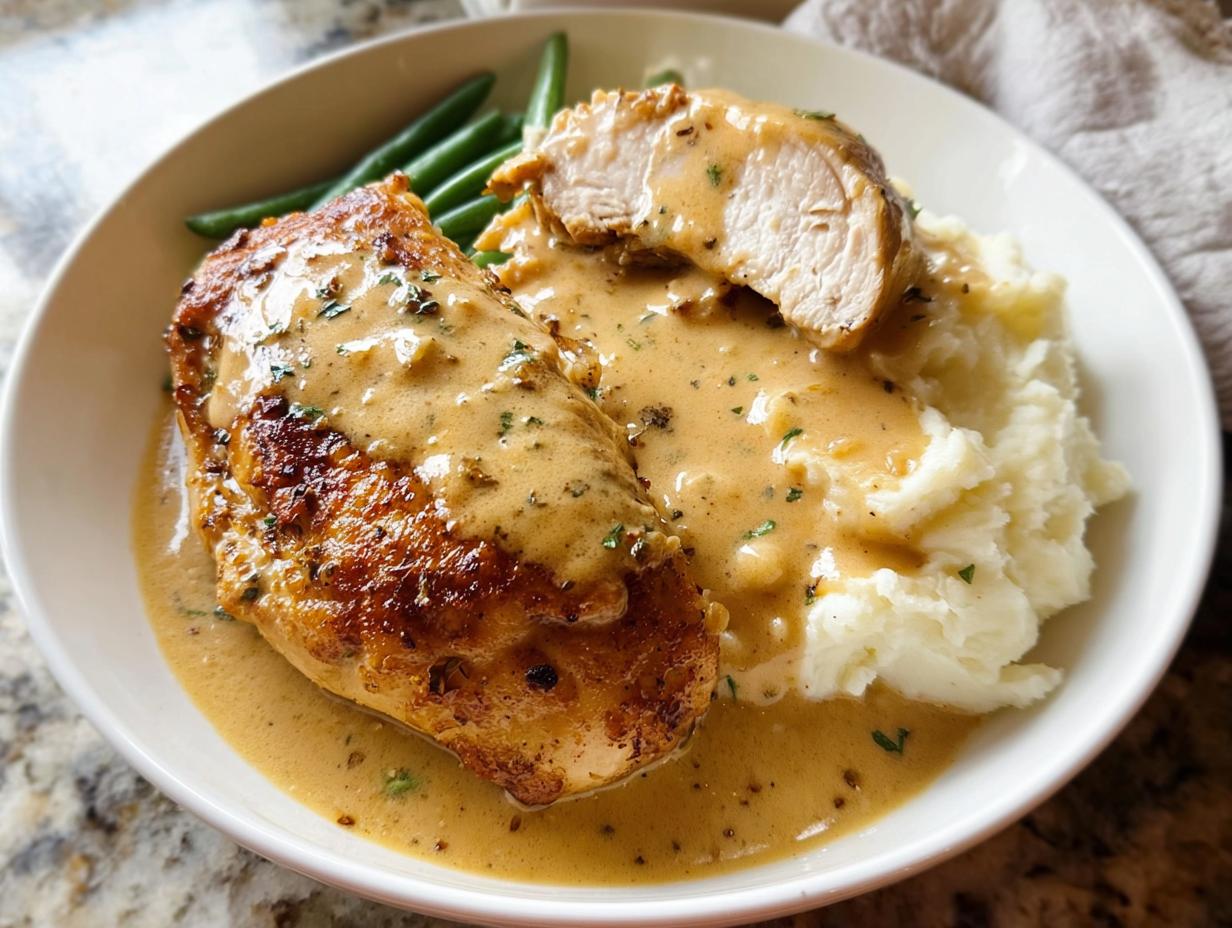 A plate of Irresistible Garlic Herb Chicken served with creamy mashed potatoes and green beans, drizzled with sauce.