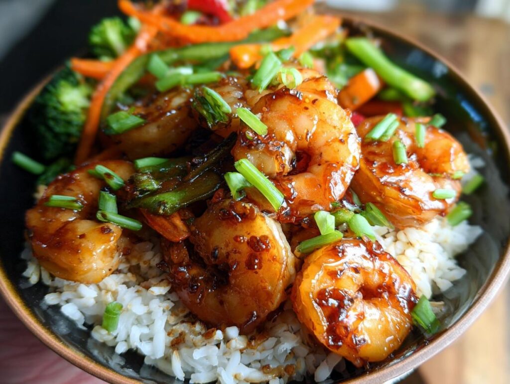 Close-up of Irresistible Honey Garlic Shrimp Bowls with rice and mixed vegetables, garnished with green onions.