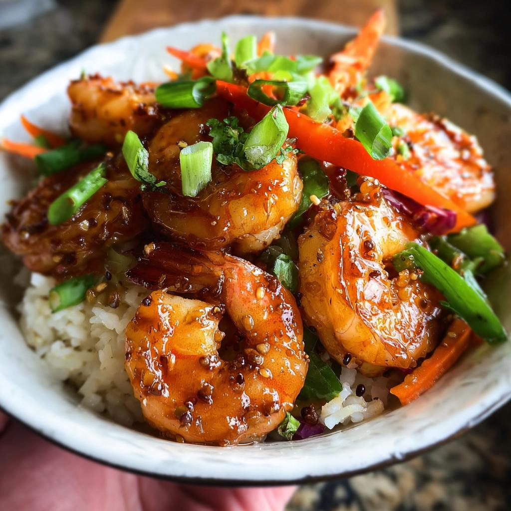 Close-up of Irresistible Honey Garlic Shrimp Bowls with rice, shrimp, and vegetables.
