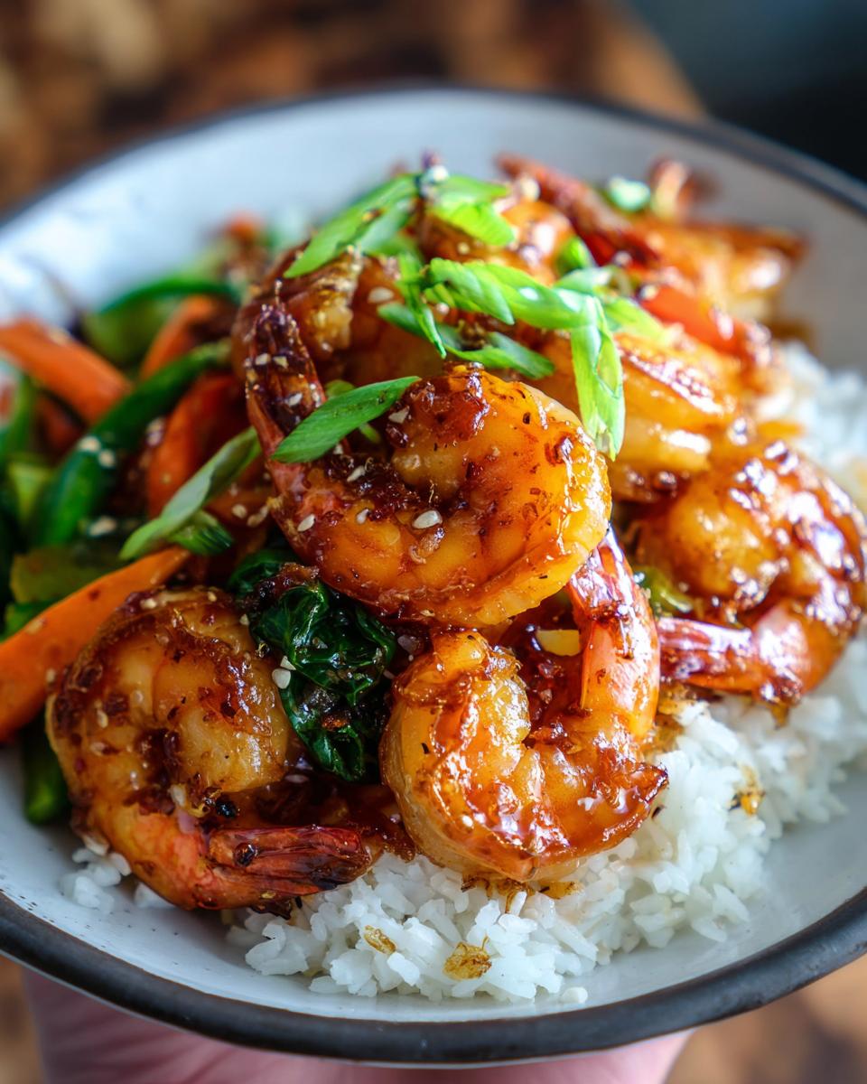 Close-up of Irresistible Honey Garlic Shrimp Bowls, featuring glazed shrimp over rice with vegetables and green onions.