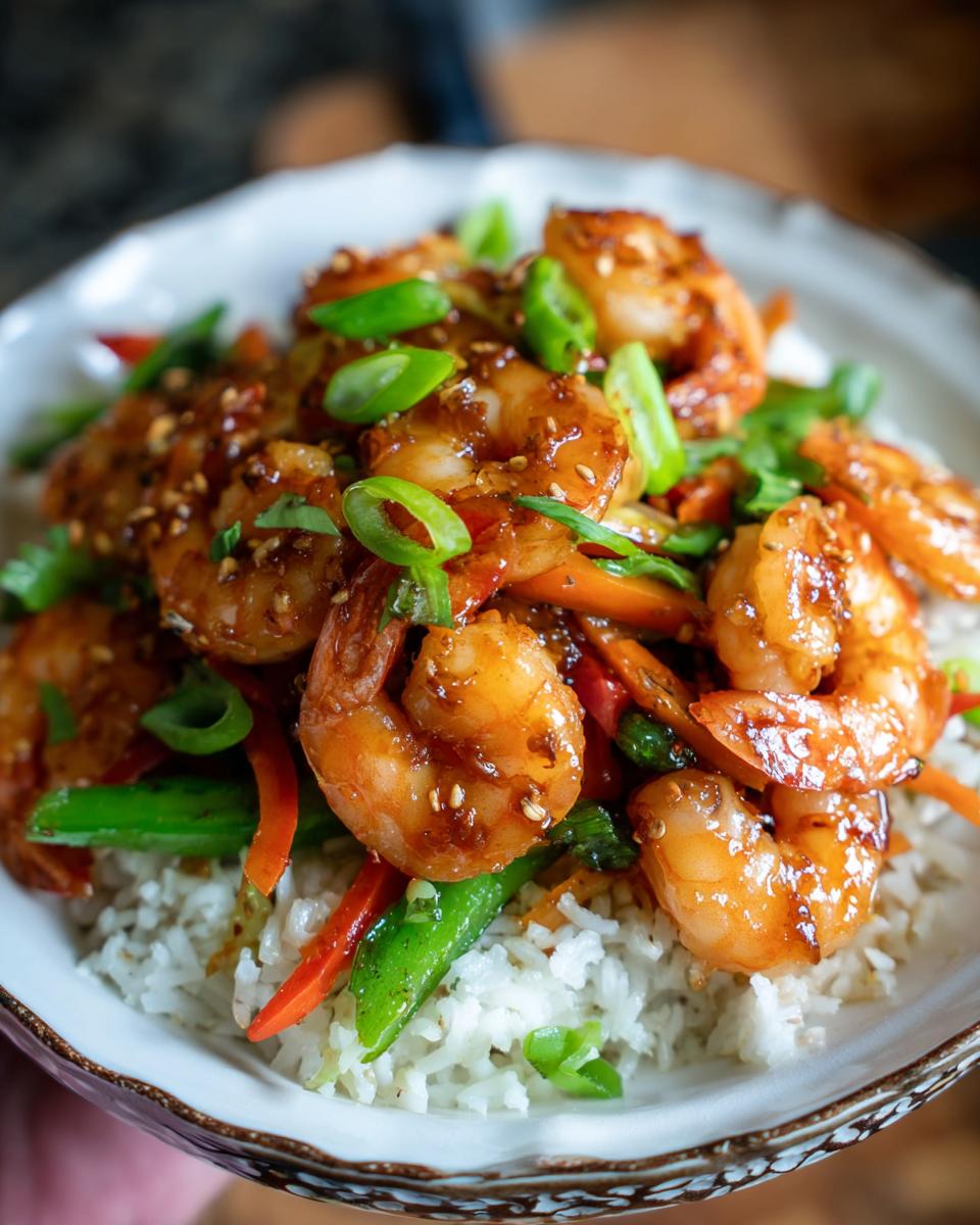 Close-up of Irresistible Honey Garlic Shrimp Bowls with rice, vegetables, and sesame seeds.
