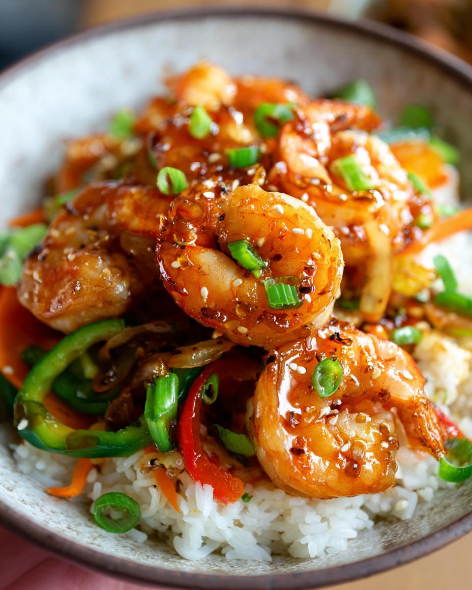 Close-up of Irresistible Honey Garlic Shrimp Bowls with rice, colorful bell peppers, and green onions.