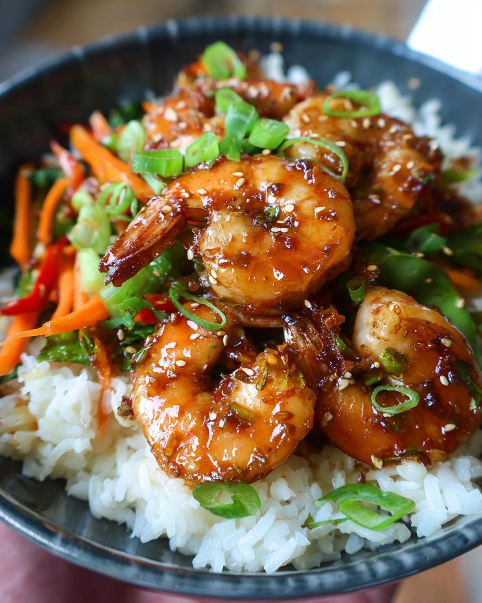 Close-up of Irresistible Honey Garlic Shrimp Bowls with glistening shrimp, rice, and vegetables, garnished with green onions and sesame seeds.