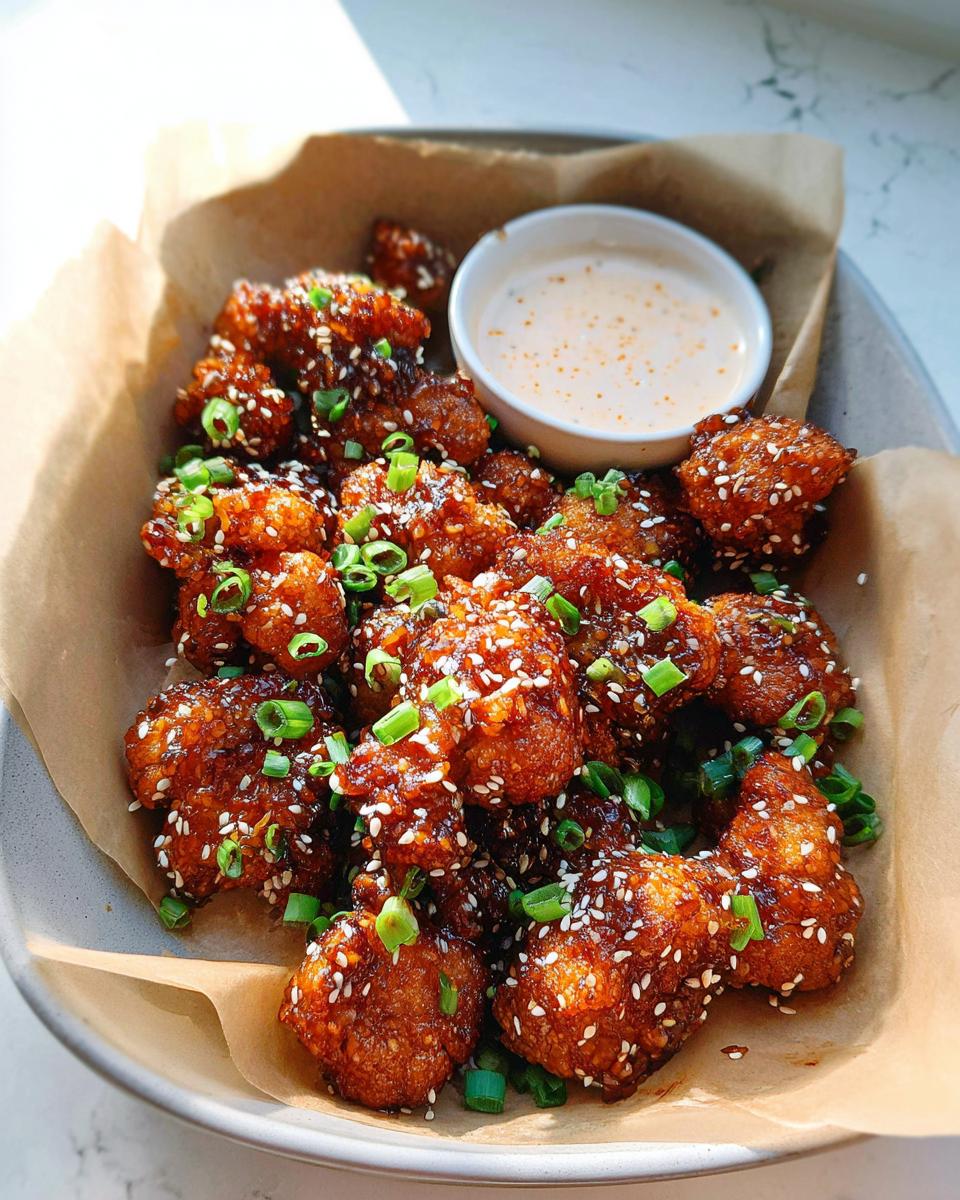 Close-up of Irresistible Sticky Honey Garlic Cauliflower bites, coated in sauce and sprinkled with sesame seeds and green onions.