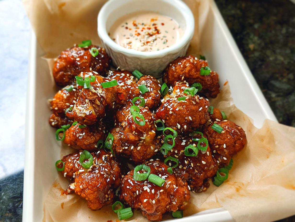 A close-up of Irresistible Sticky Honey Garlic Cauliflower bites, glazed and sprinkled with sesame seeds and green onions.