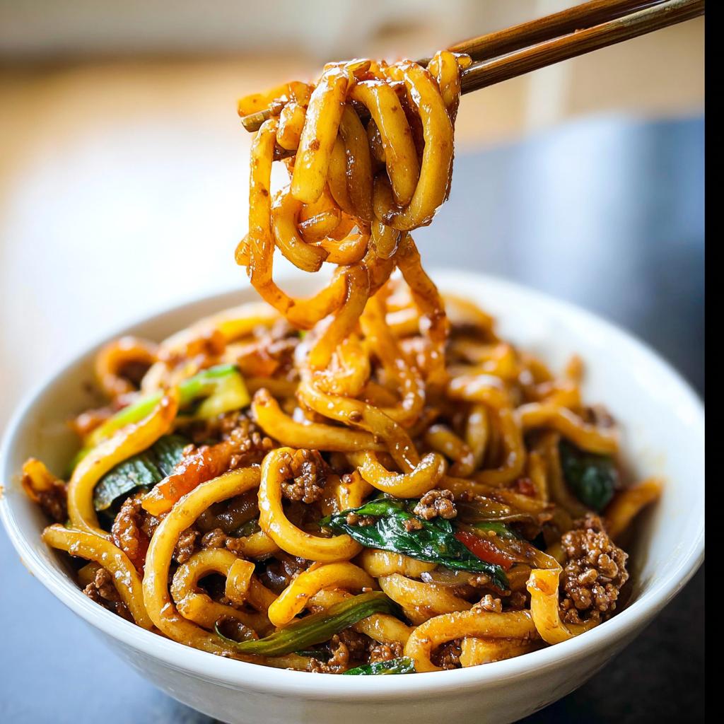 Close-up of thick, glossy Yaki Udon noodles being lifted with chopsticks from a bowl, mixed with ground meat and green vegetables.