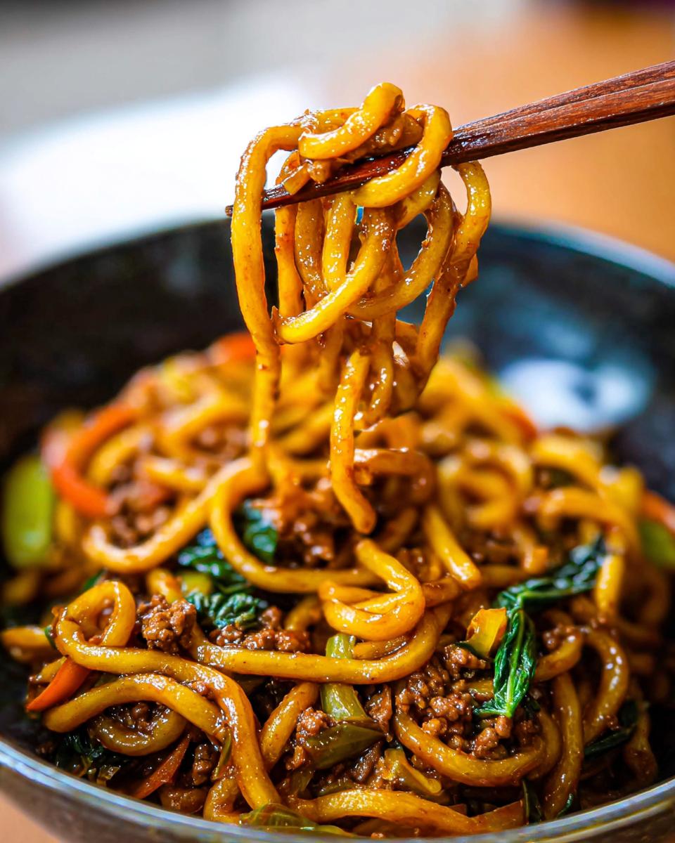 Close-up of chopsticks lifting a portion of Irresistible Yaki Udon noodles with ground meat and leafy greens.