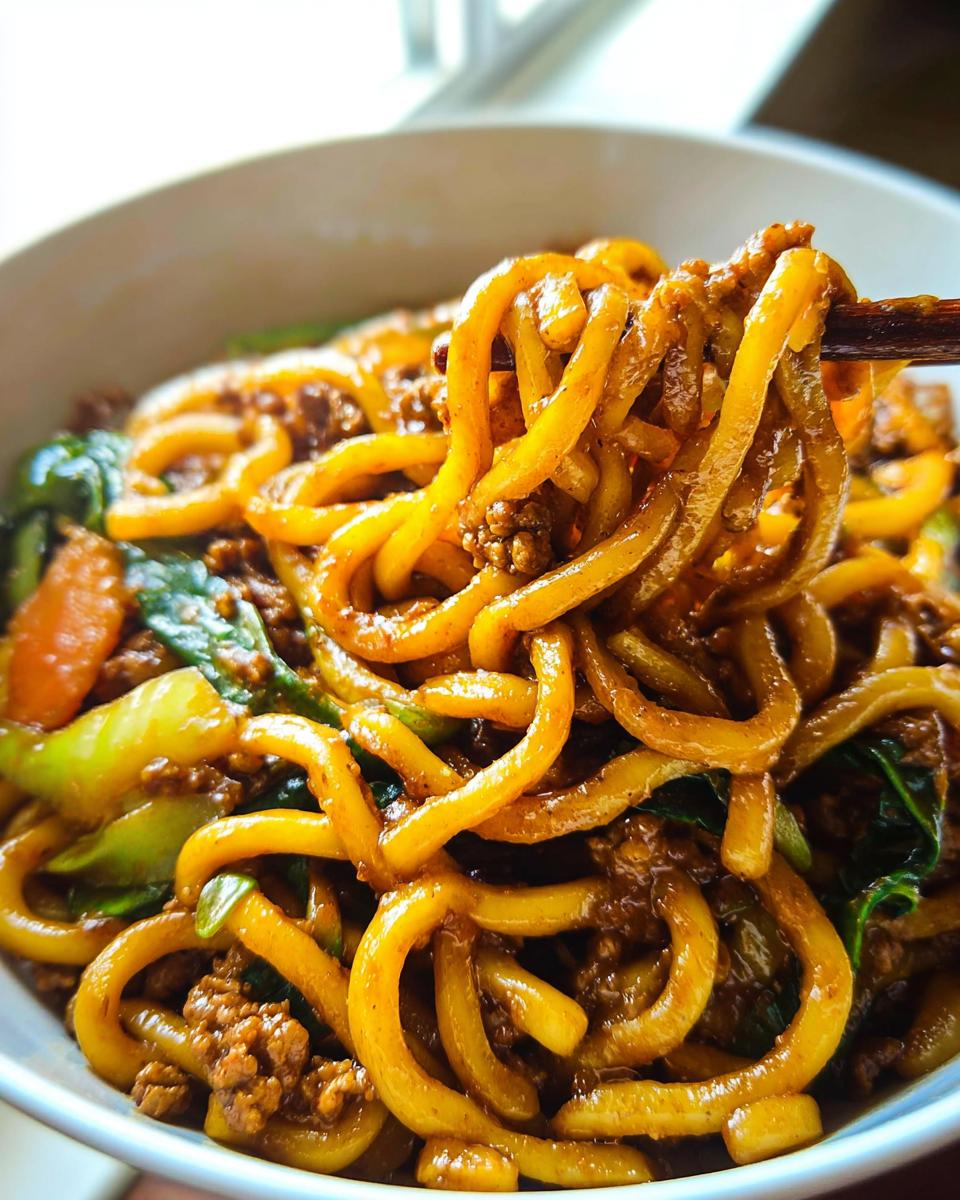 Close-up of a bowl of Irresistible Yaki Udon noodles with ground meat and greens, being lifted by chopsticks.