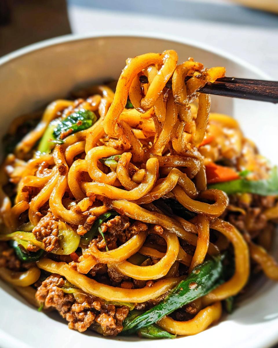 Close-up of a bowl of Irresistible Yaki Udon noodles being lifted with chopsticks, showing ground meat and green vegetables.