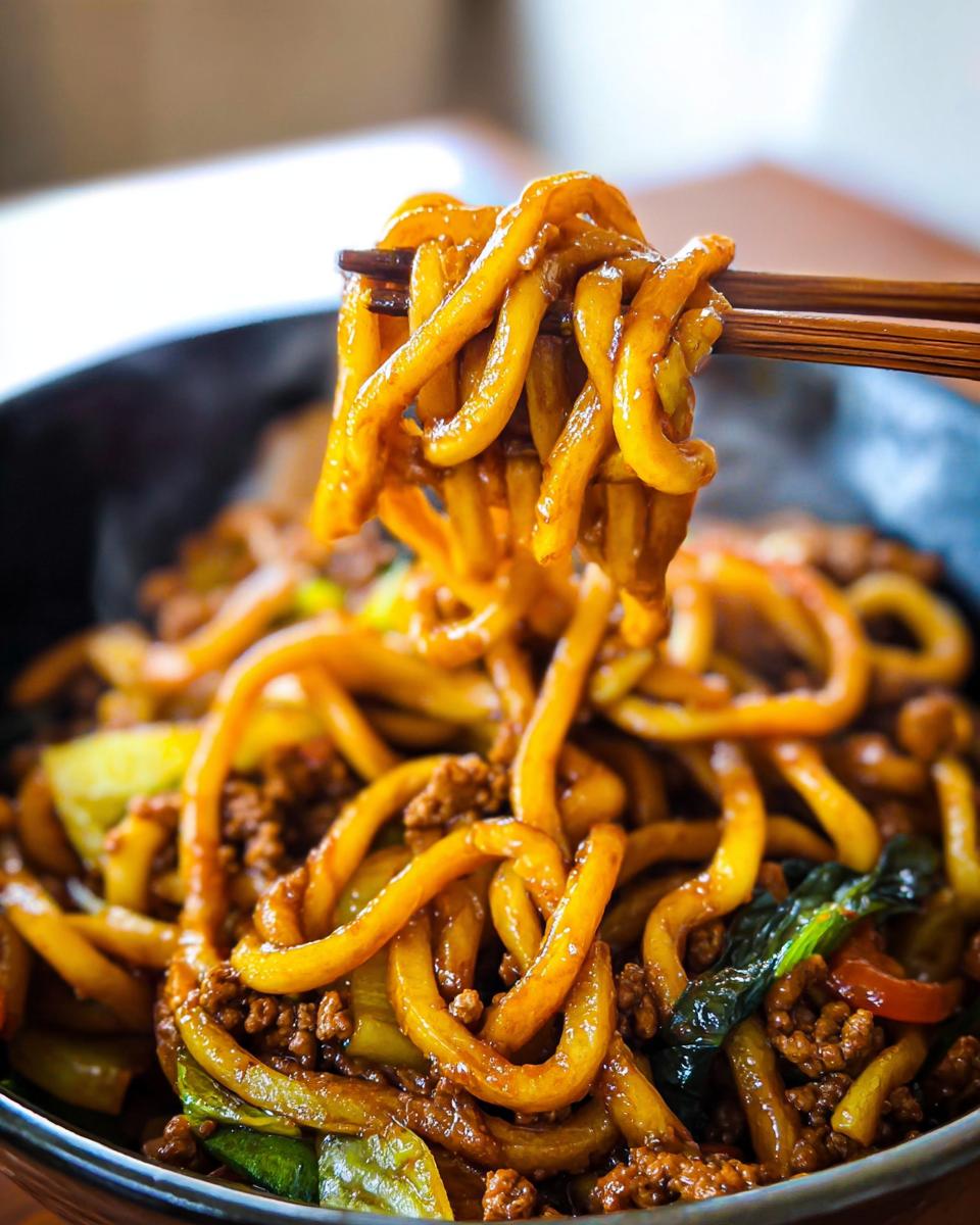 A close-up shot of chopsticks lifting a generous portion of Irresistible Yaki Udon noodles coated in a savory sauce.
