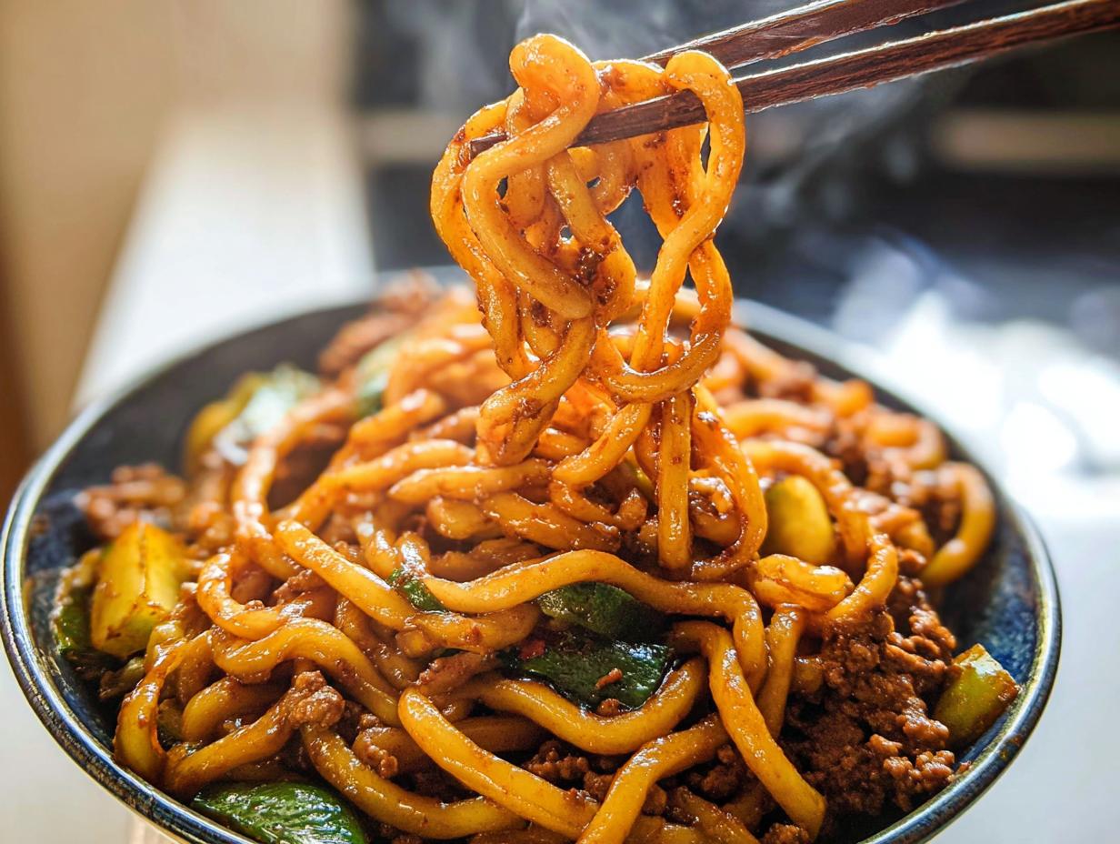 Close-up of steaming Yaki Udon noodles being lifted with chopsticks from a bowl, showing ground meat and green vegetables.