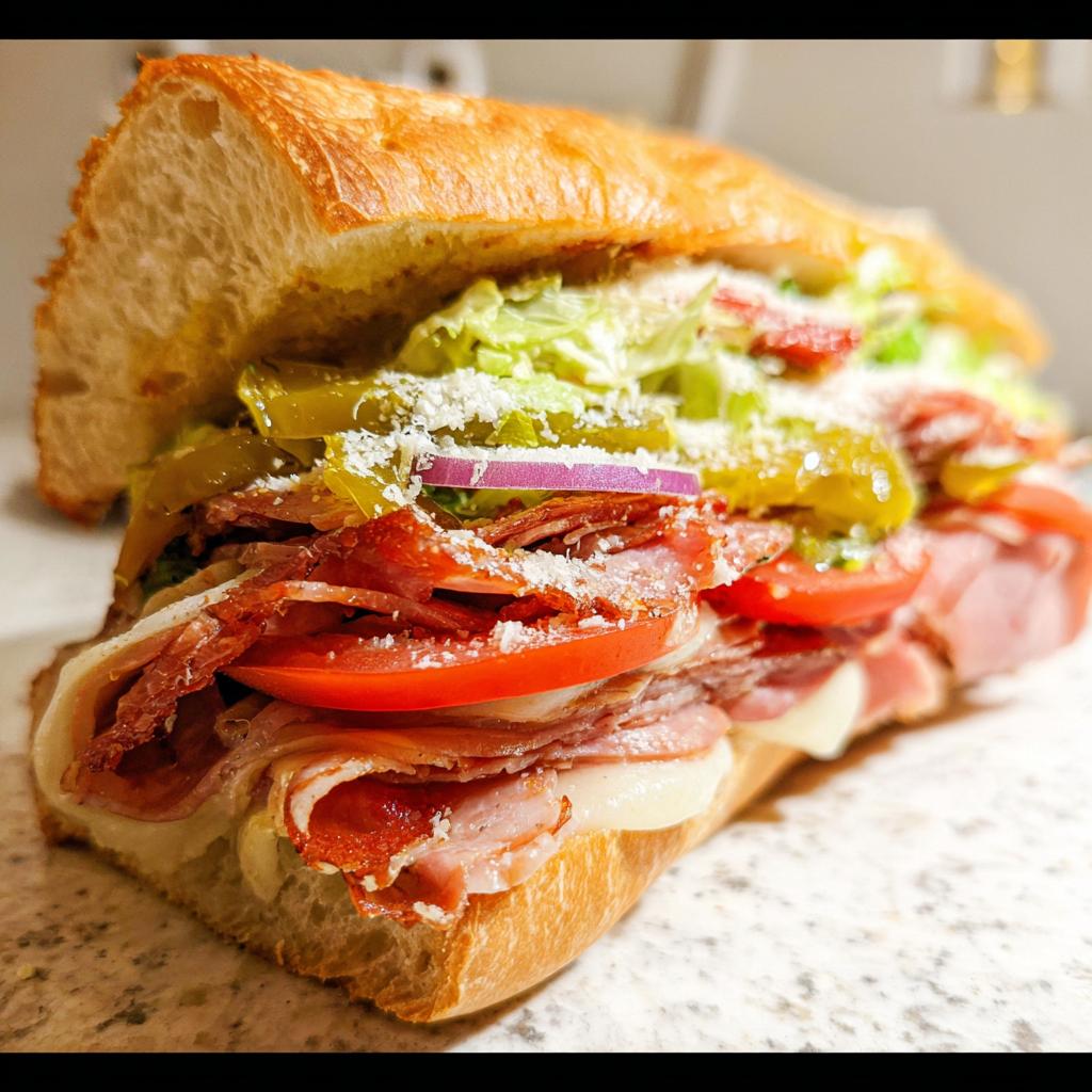 Close-up of a loaded Italian Grinder Salad Sandwich with layers of meats, cheese, lettuce, tomato, and peppers.