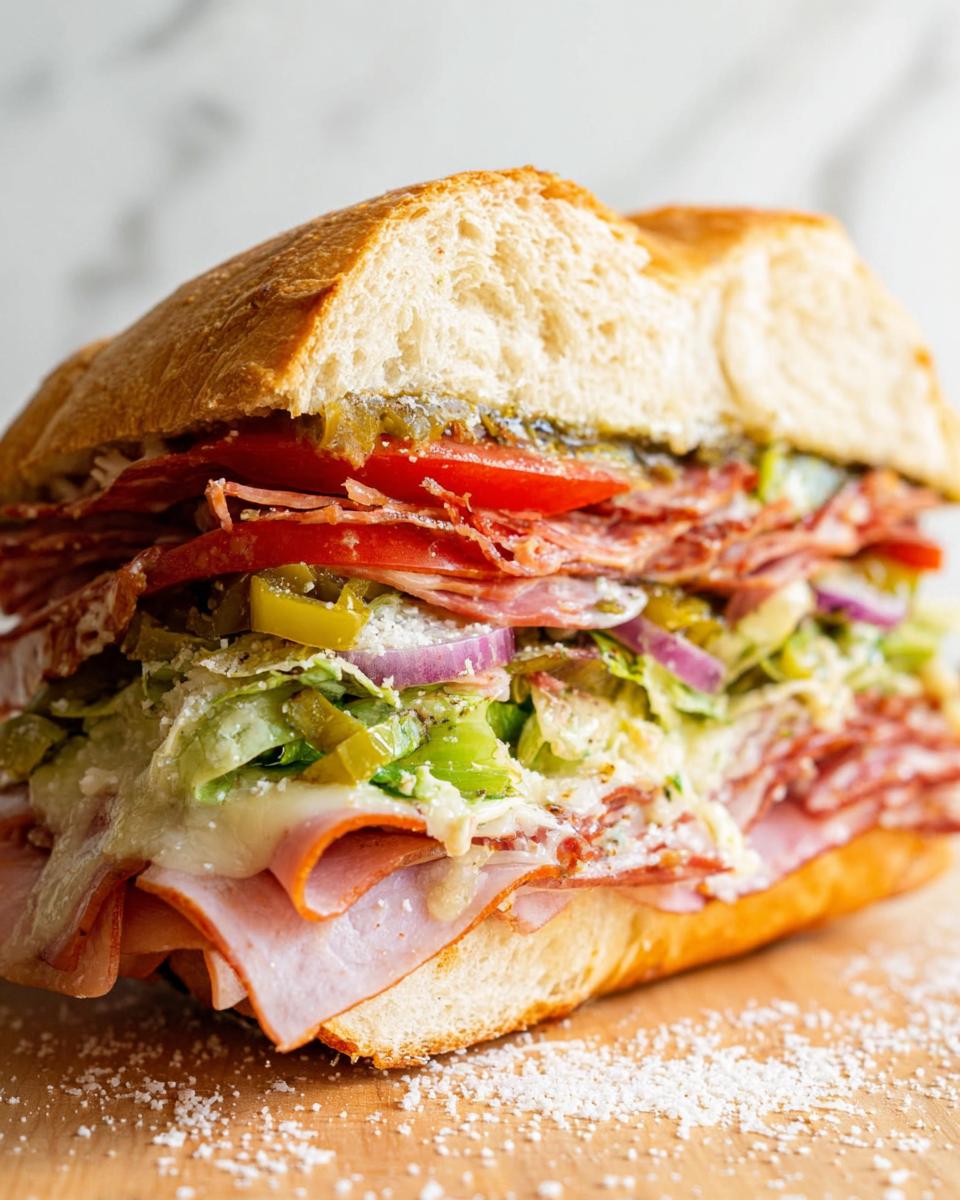A close-up of a loaded Italian Grinder Salad Sandwich with layers of meat, cheese, lettuce, tomatoes, and peppers.