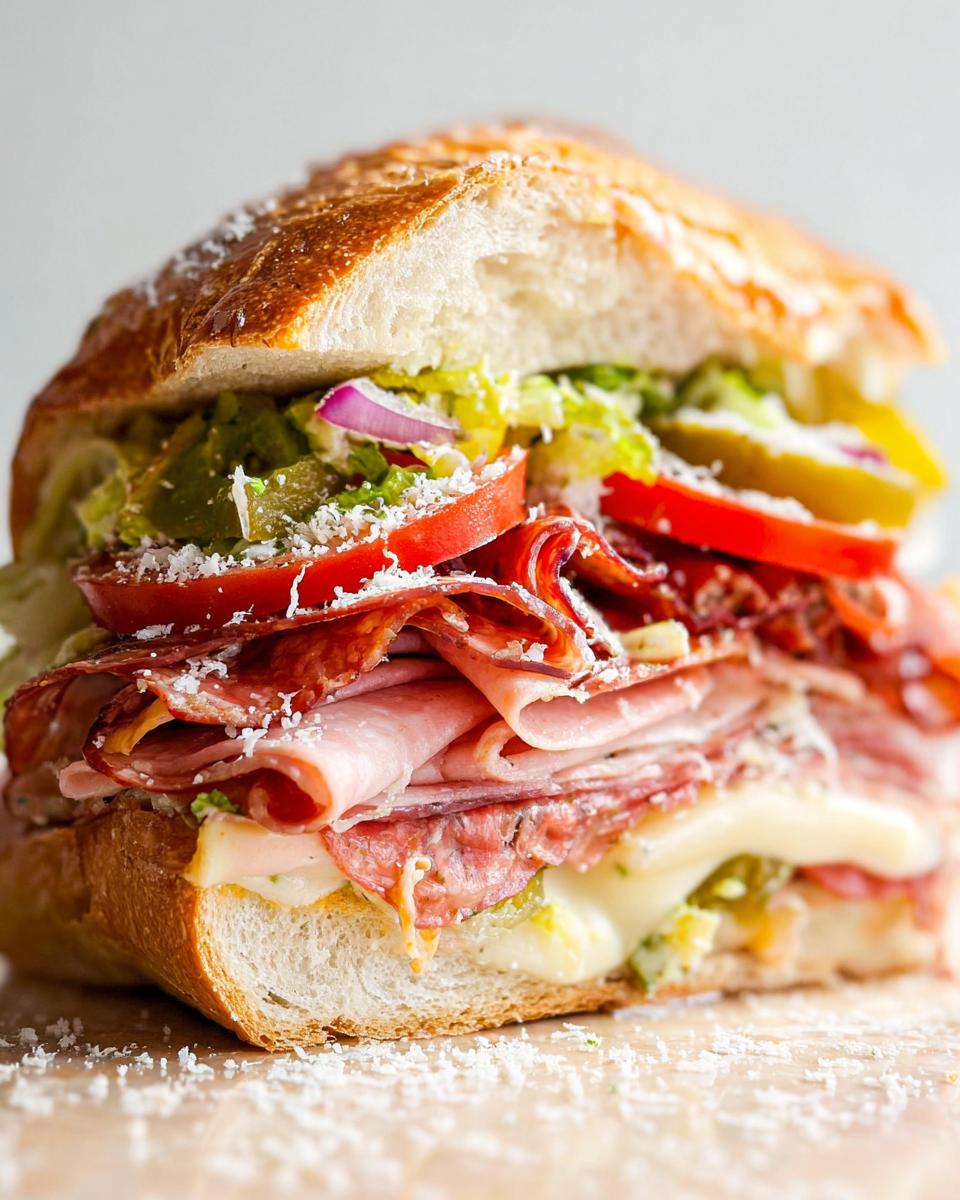 Close-up of a loaded Italian Grinder Salad Sandwich with layers of deli meats, cheese, lettuce, tomato, and pickles.