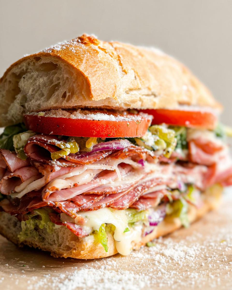 A close-up of a loaded Italian Grinder Salad Sandwich with layers of deli meats, cheese, lettuce, tomato, and onion.