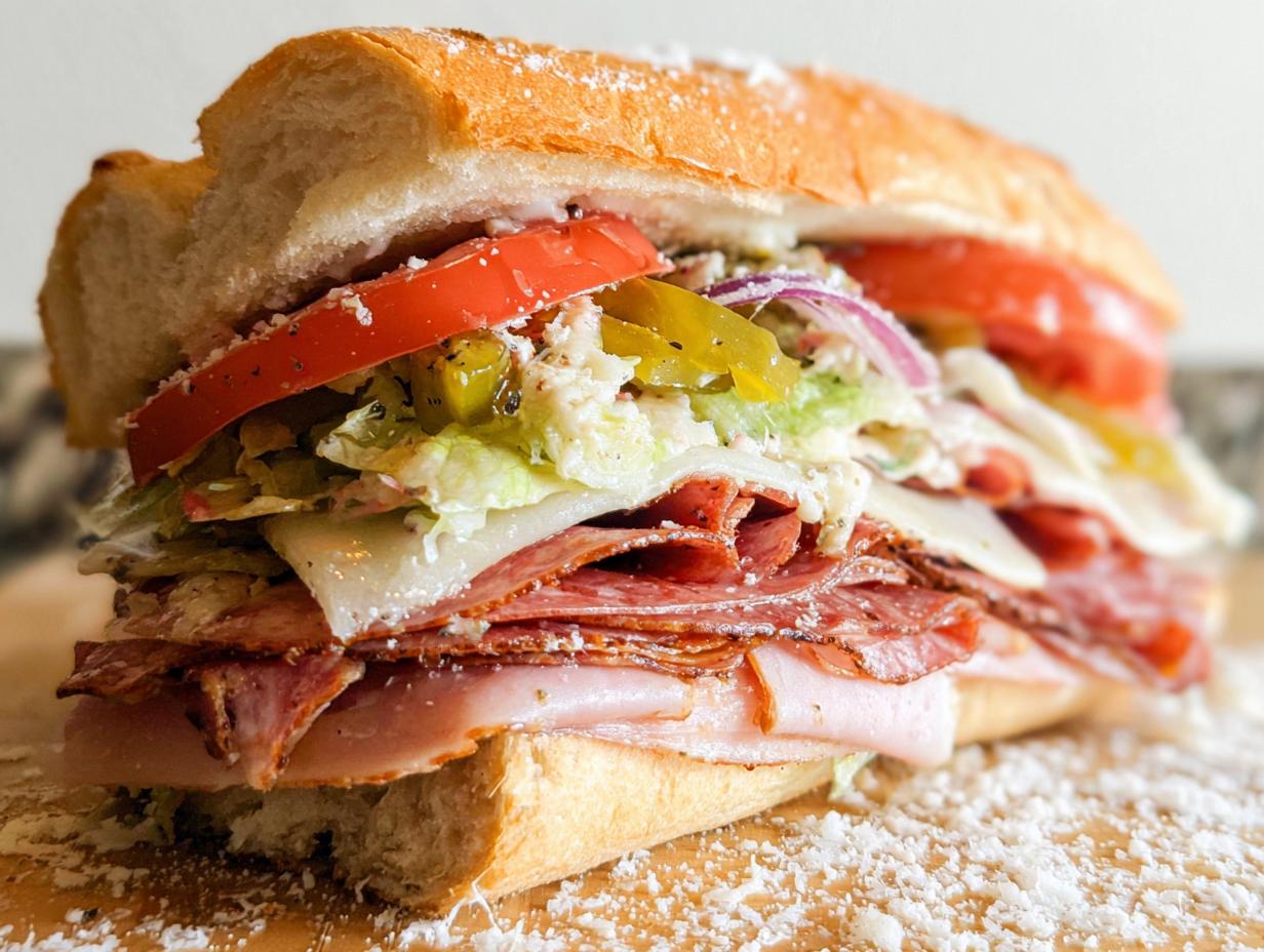 A loaded Italian Grinder Salad Sandwich with layers of meats, cheese, lettuce, tomato, onions, and peppers on a sub roll.