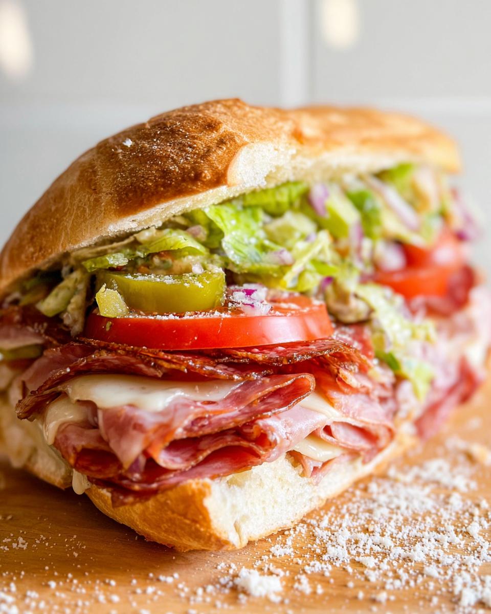 Close-up of a delicious Italian Grinder Salad Sandwich overflowing with meats, cheese, lettuce, tomato, and peppers.