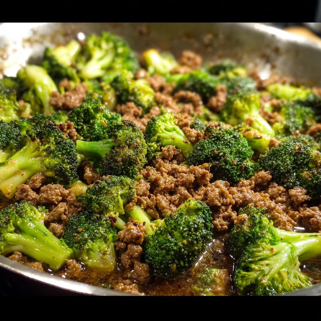 Close-up of a Keto Hamburger Broccoli Skillet, showing browned ground beef mixed with vibrant green broccoli florets in a sauce.
