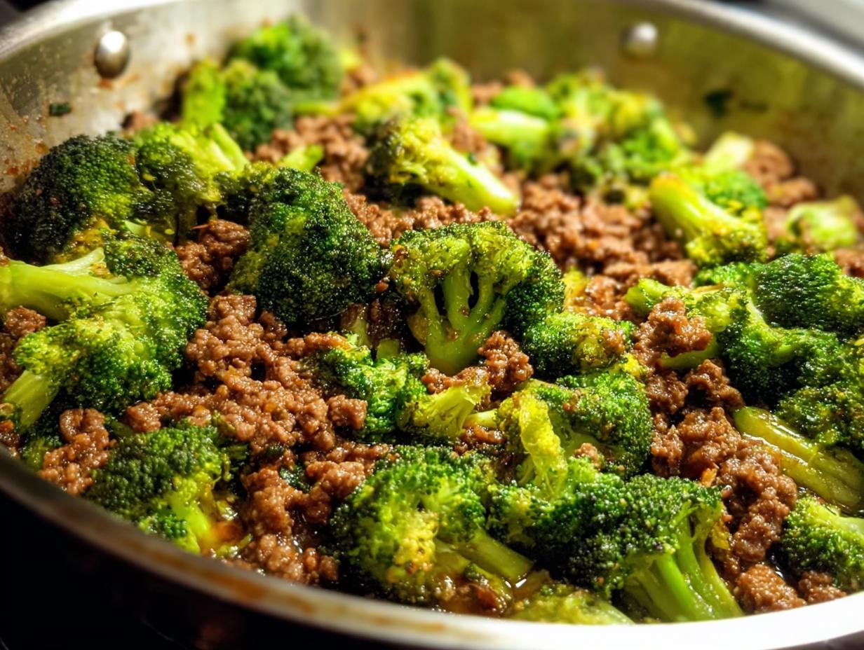Close-up of a Keto Hamburger Broccoli Skillet, showing seasoned ground beef mixed with vibrant green broccoli florets in a pan.
