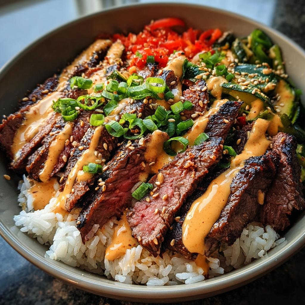 Close-up of a Korean BBQ Steak Rice Bowl topped with sliced steak, spicy cream sauce, and green onions.