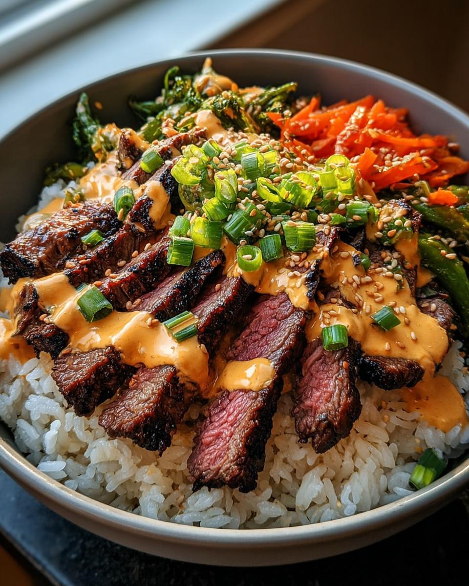 A close-up of a Korean BBQ Steak Rice Bowl topped with sliced steak, spicy cream sauce, green onions, and sesame seeds.