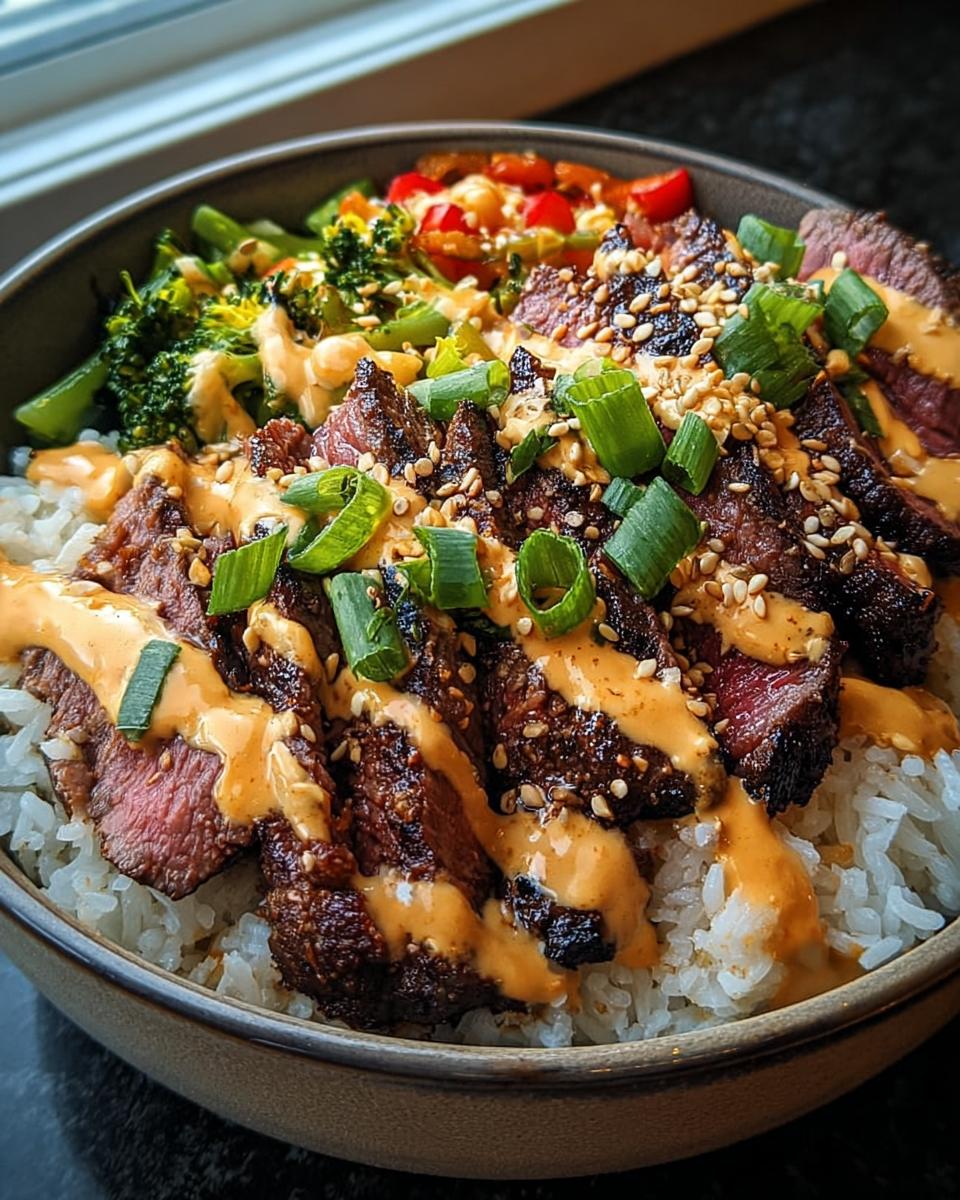 Close-up of Korean BBQ Steak Rice Bowls topped with spicy cream sauce, green onions, and sesame seeds.
