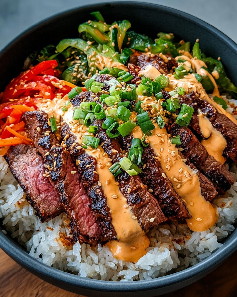 Close-up of Korean BBQ Steak Rice Bowls topped with spicy cream sauce, sesame seeds, and green onions.