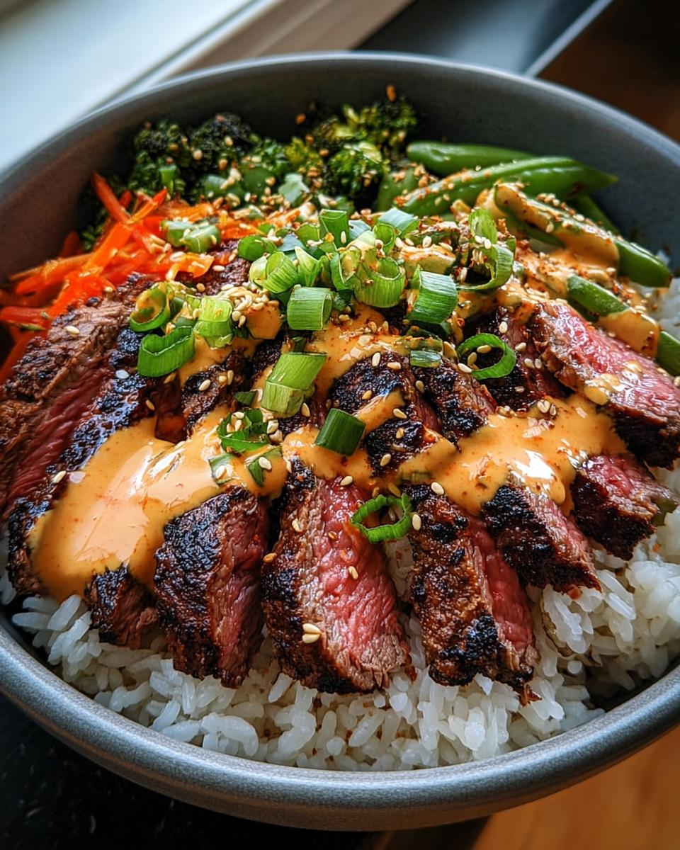 Close-up of Korean BBQ Steak Rice Bowls topped with spicy cream sauce, sesame seeds, and green onions.