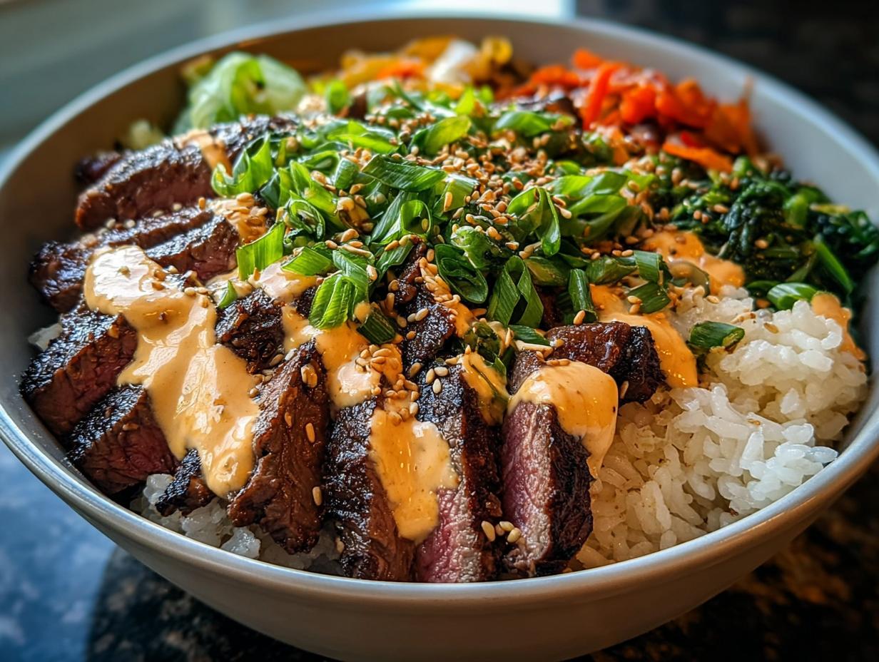 Close-up of Korean BBQ Steak Rice Bowls topped with spicy cream sauce, green onions, and sesame seeds.