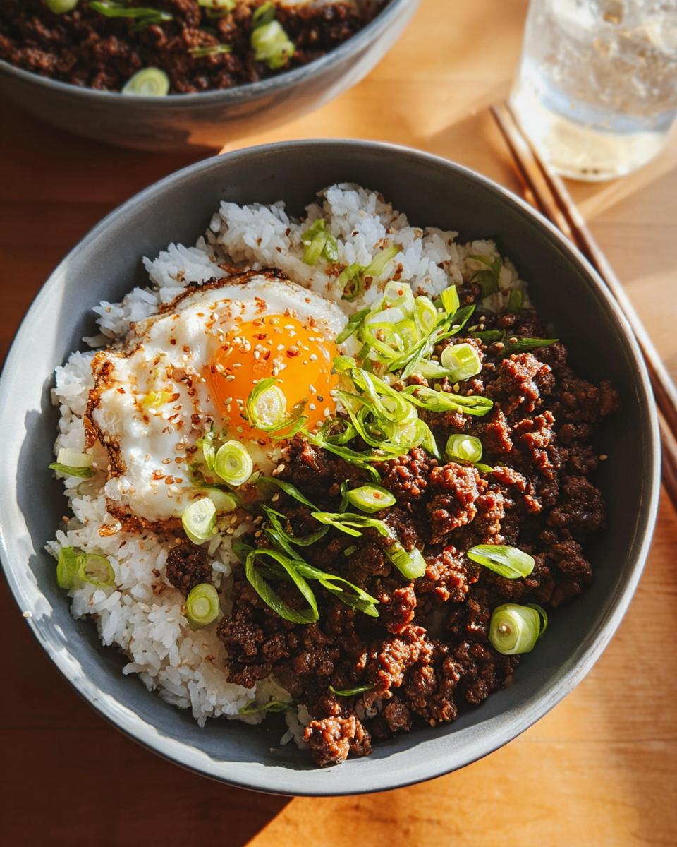 A delicious Korean Ground Beef Bowl topped with a perfectly fried egg, sesame seeds, and chopped green onions.