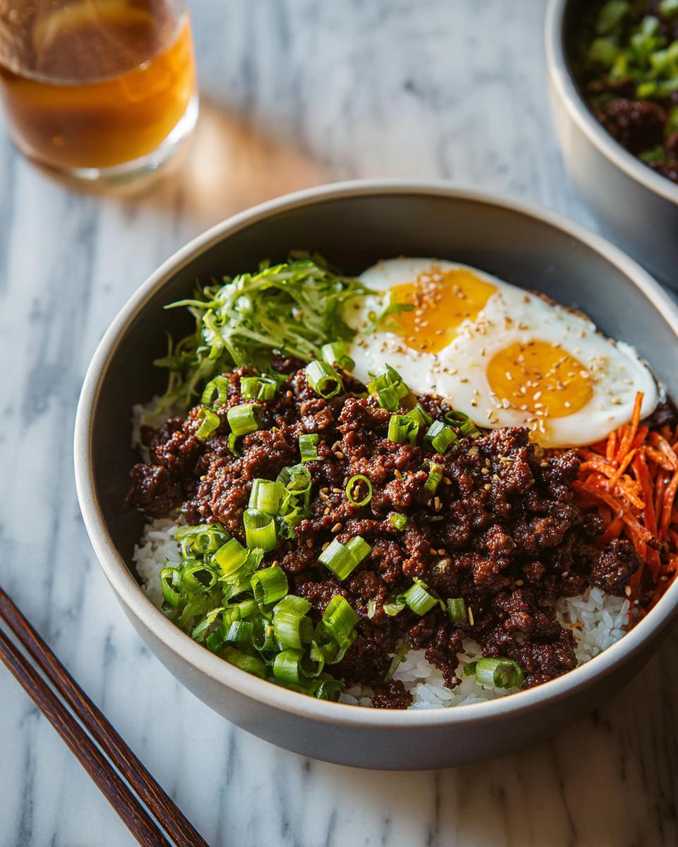 A close-up of a Korean Ground Beef Bowl with rice, seasoned ground beef, shredded carrots, green onions, and a fried egg.