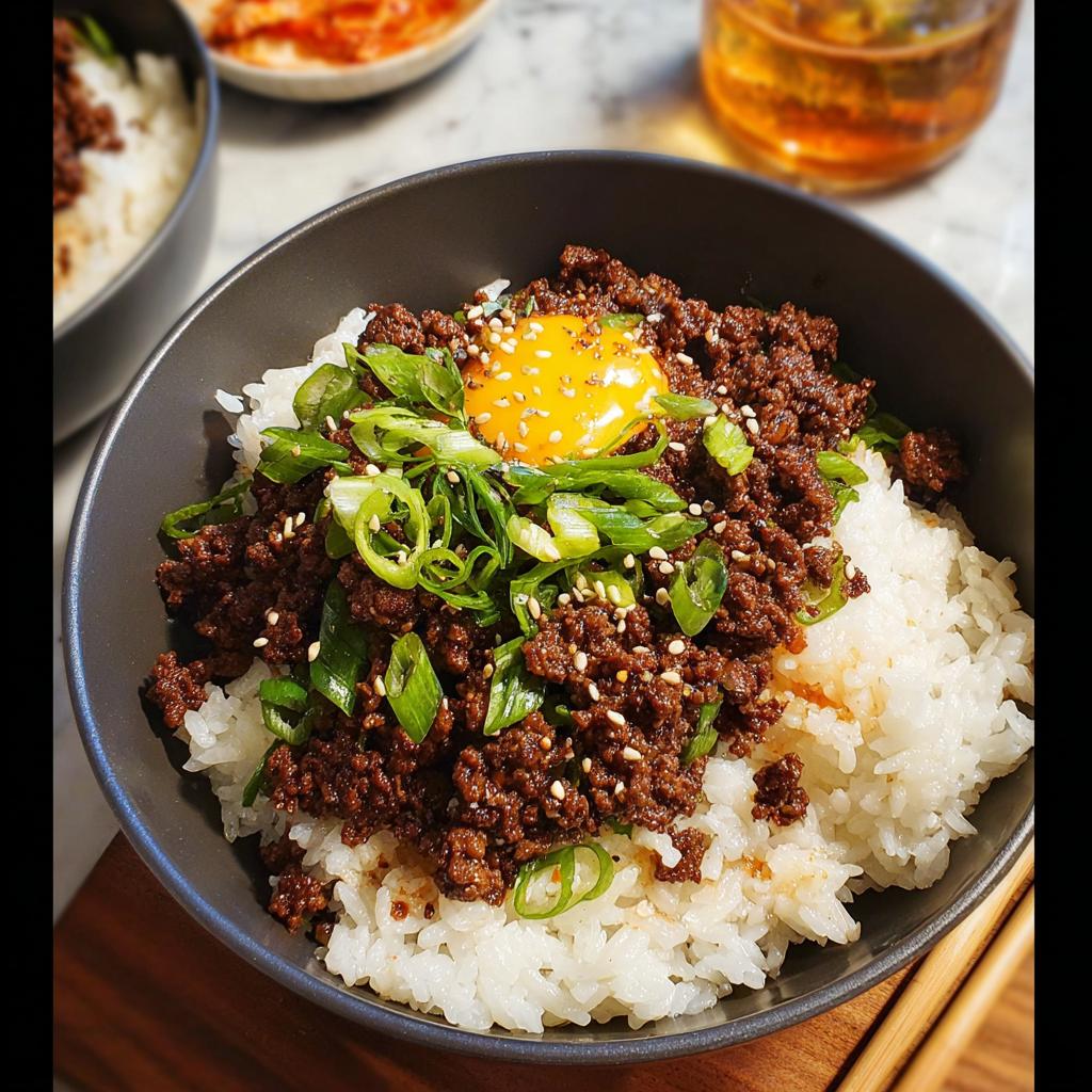 A delicious Korean Ground Beef Bowl topped with a raw egg yolk, green onions, and sesame seeds.