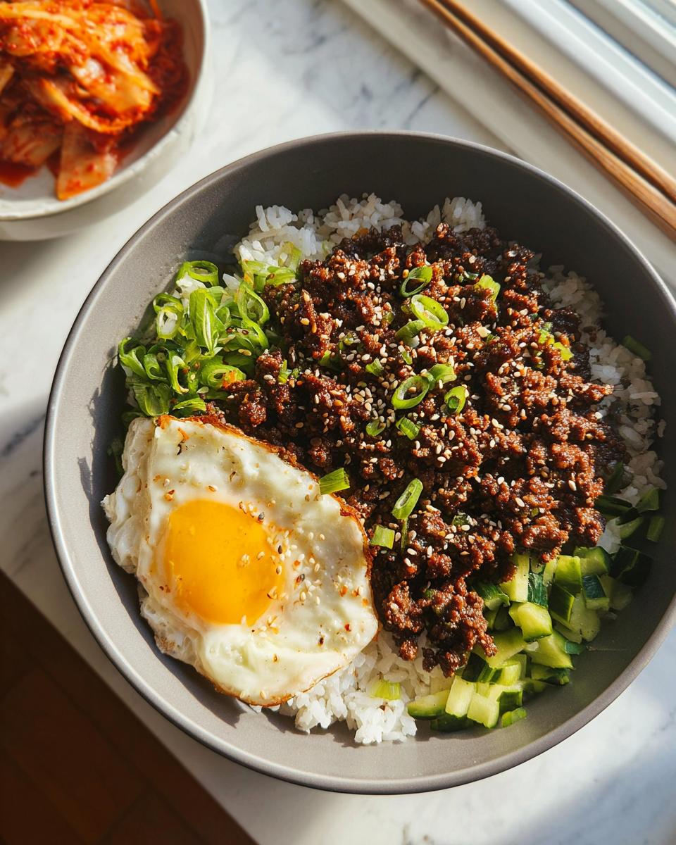 A delicious Korean Ground Beef Bowl topped with a fried egg, green onions, sesame seeds, and cucumber, with kimchi on the side.