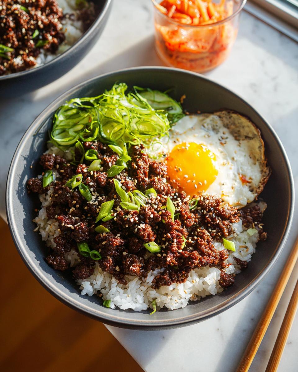 A delicious Korean Ground Beef Bowl served over white rice, topped with a fried egg, sliced scallions, and sesame seeds.