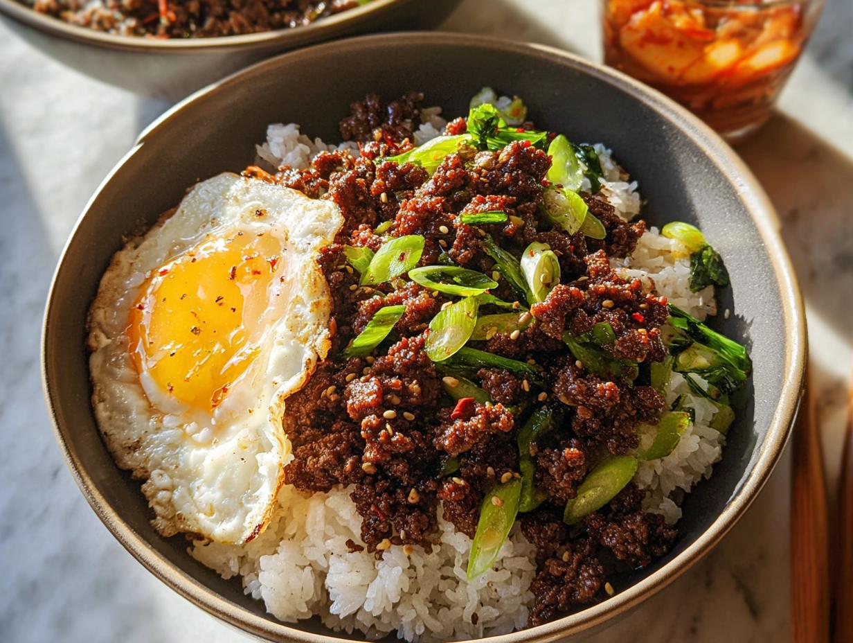 A close-up of a Korean Ground Beef Bowl served over white rice, topped with a fried egg and green onions.