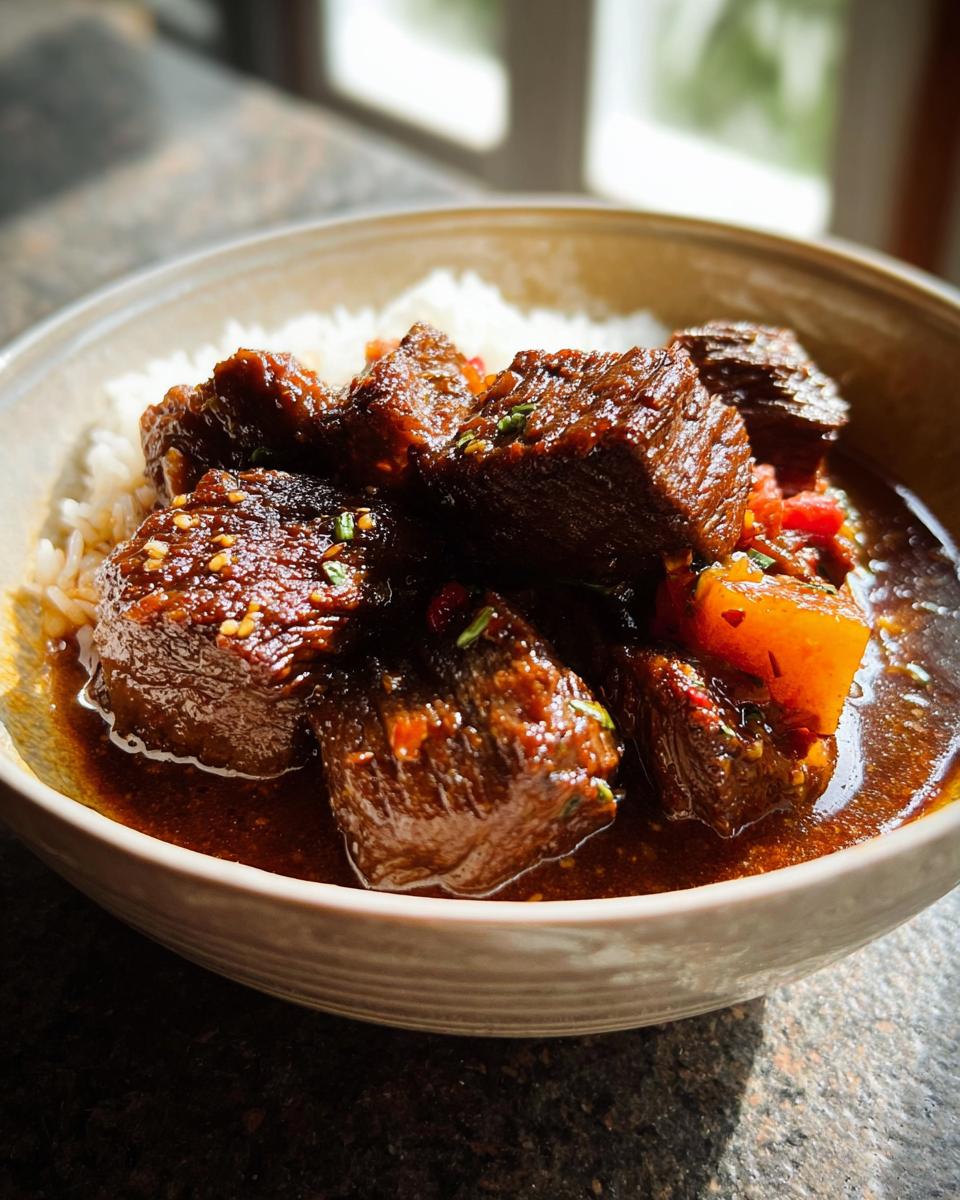 A close-up of tender Korean Style Pot Roast served over white rice in a bowl, with a rich, dark sauce.