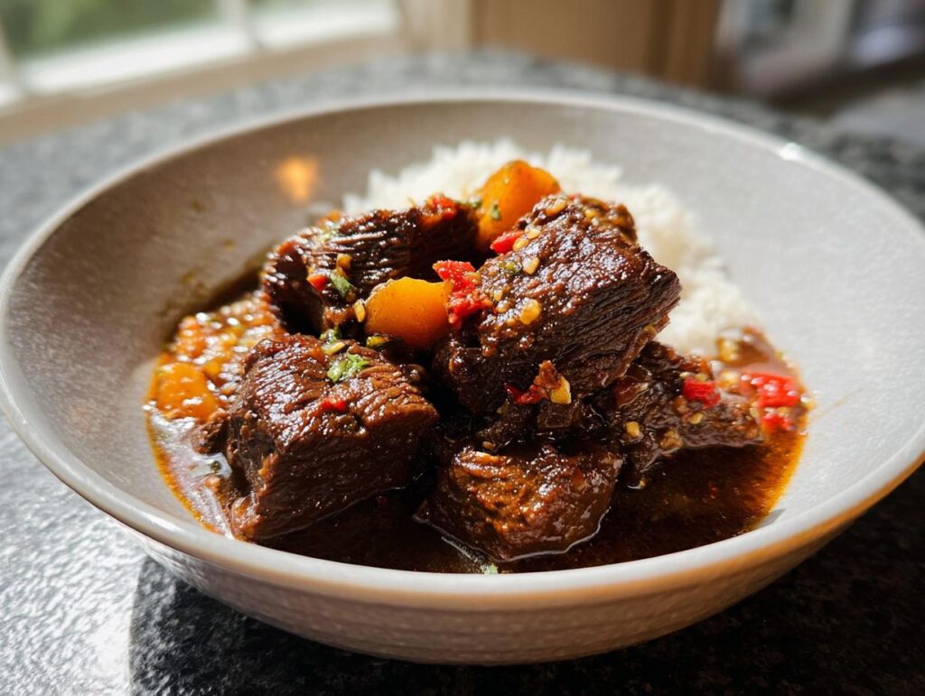 Close-up of tender chunks of Korean Style Pot Roast served with fluffy white rice and a rich, savory sauce.
