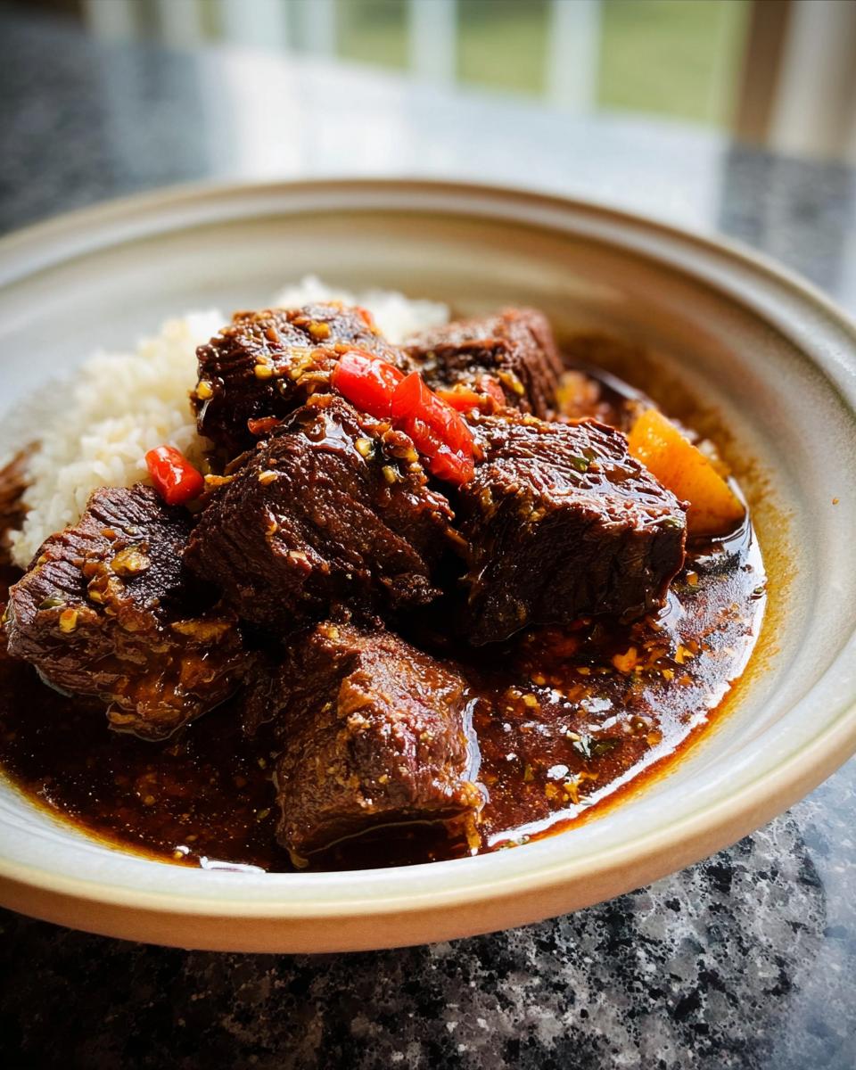 A bowl of tender Korean Style Pot Roast served with fluffy white rice and a rich, glossy sauce.