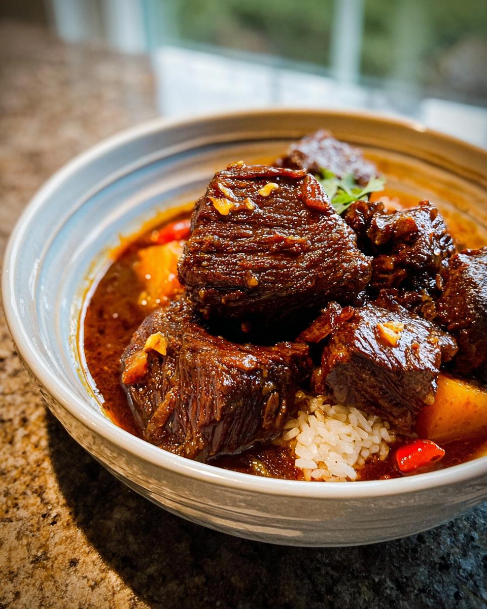 A close-up of tender Korean Style Pot Roast served over white rice in a bowl with rich sauce and garnish.