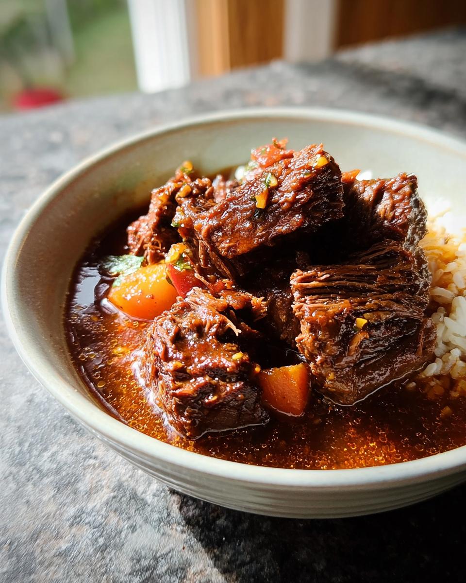A bowl of tender Korean Style Pot Roast served over fluffy white rice, with chunks of vegetables in a rich, dark sauce.