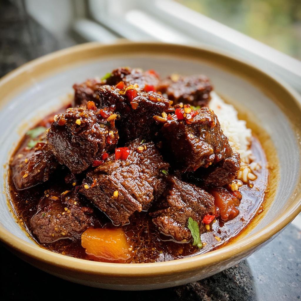 A close-up of a bowl filled with tender Korean Style Pot Roast served over white rice, garnished with chili flakes and herbs.