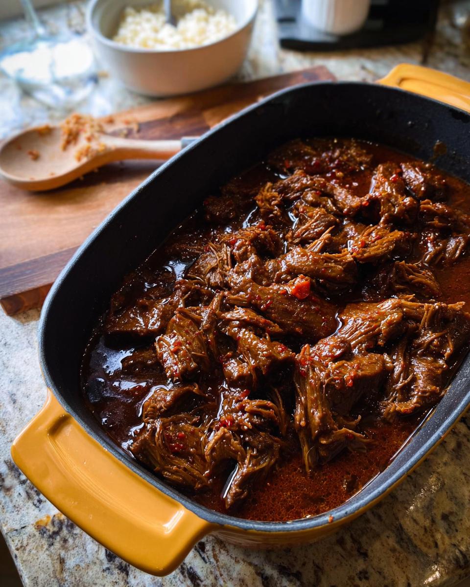 Close-up of shredded Korean Style Pot Roast in a rich, dark sauce, served in a yellow casserole dish.