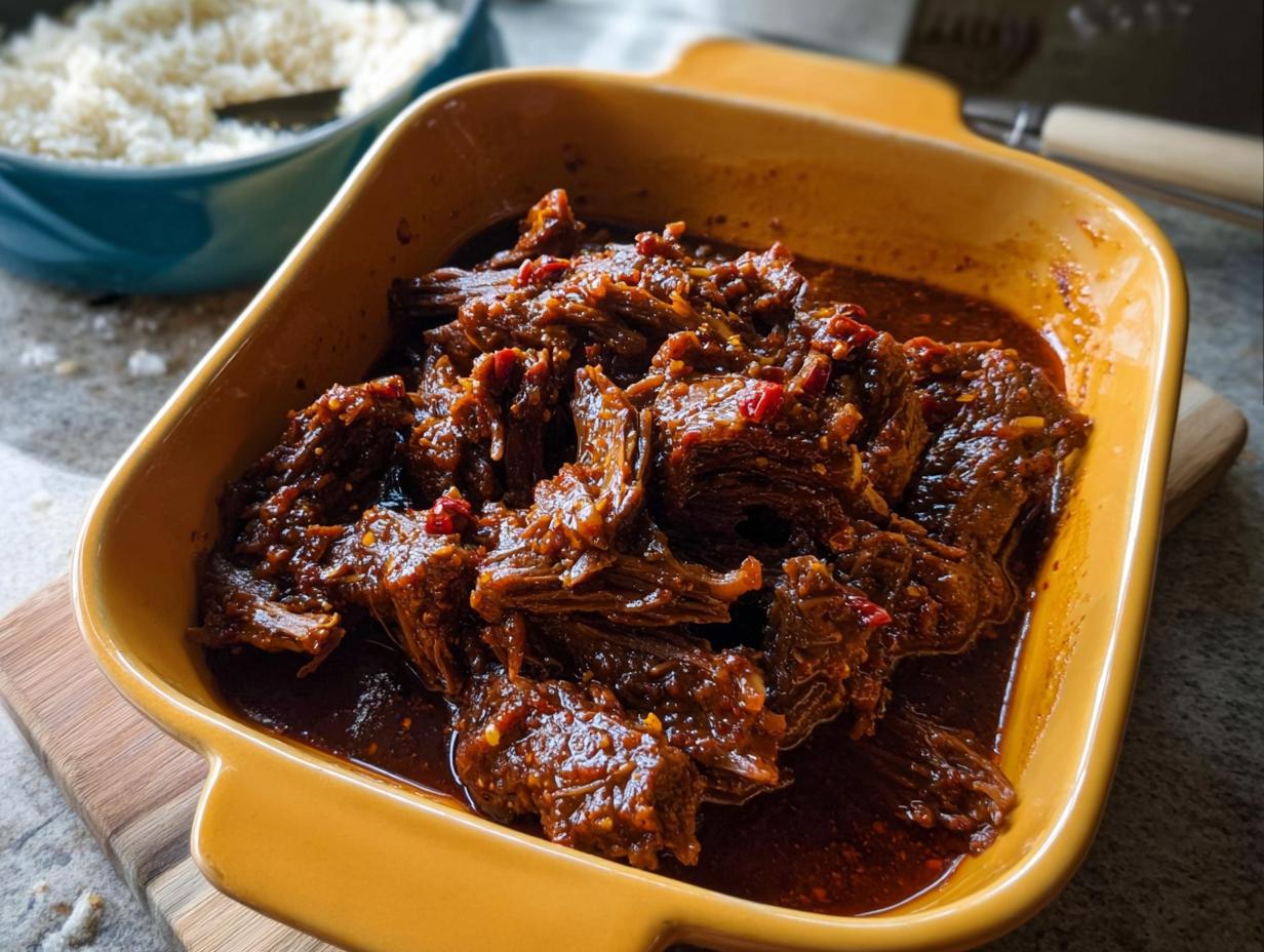 Close-up of shredded Korean Style Pot Roast in a rich, dark sauce with red chili flakes.