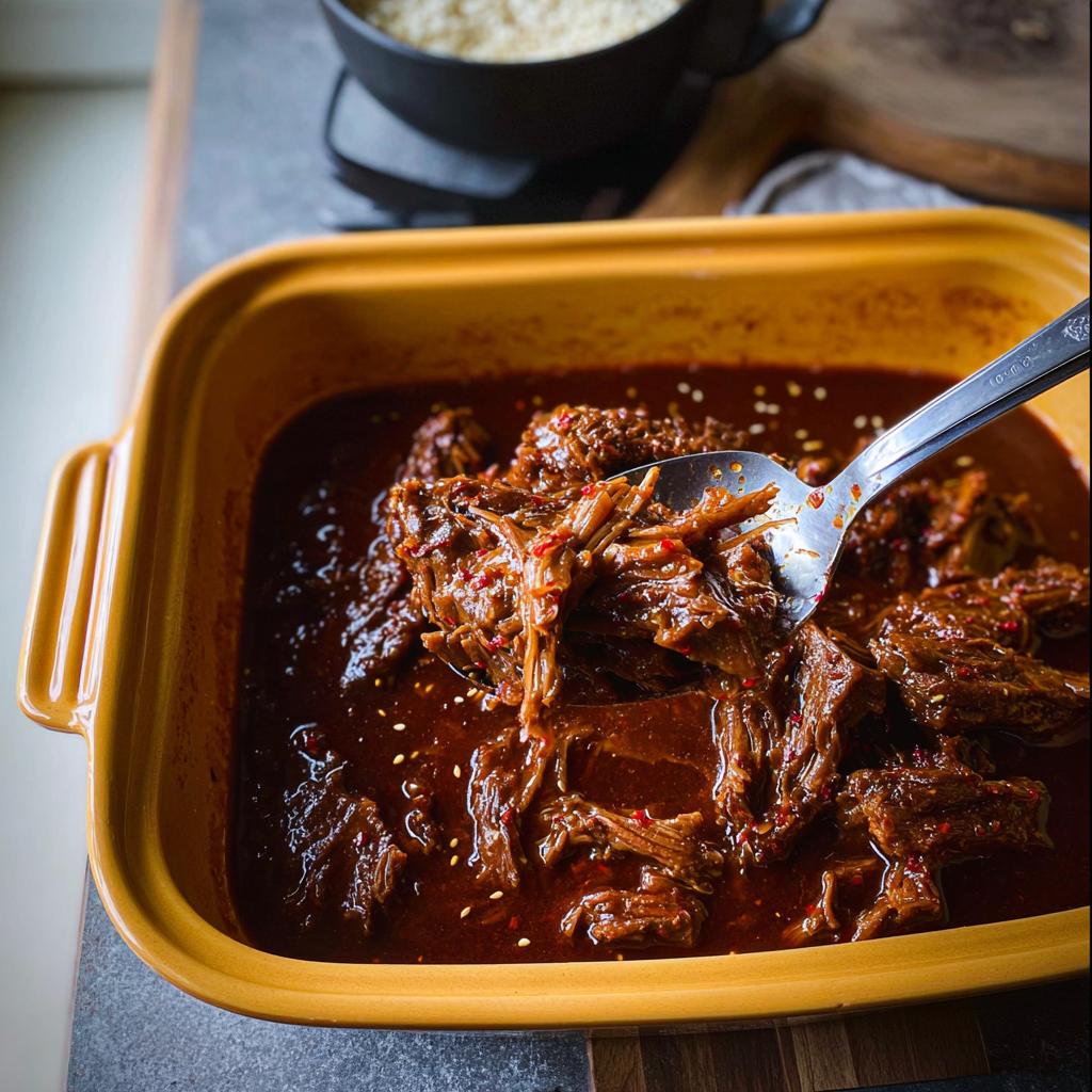 A spoonful of tender Korean Style Pot Roast being lifted from a yellow dish, coated in rich, dark sauce and sprinkled with sesame seeds.